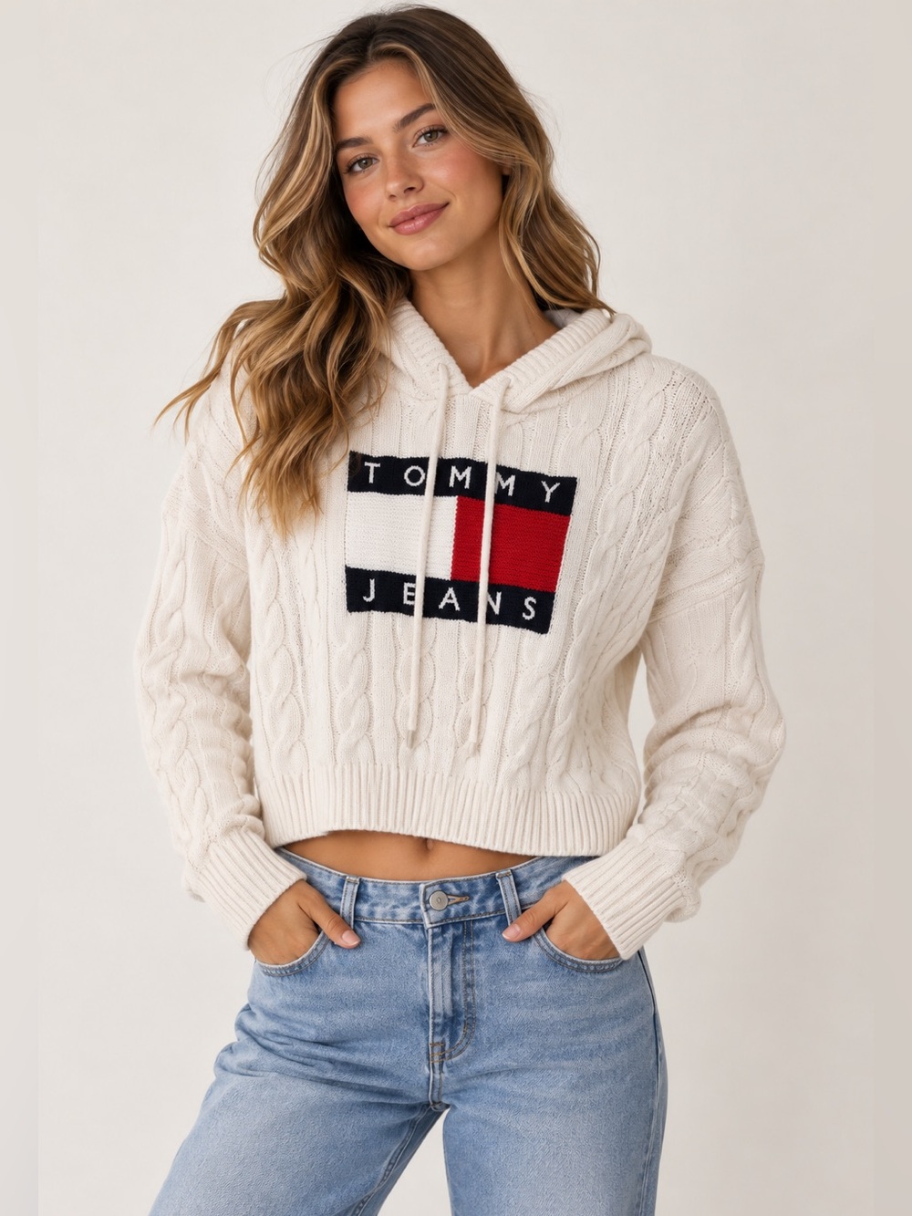 Tommy Jeans Cable Knit Cropped Hoodie Sweater Flag Logo Ivory M Preppy Y2K